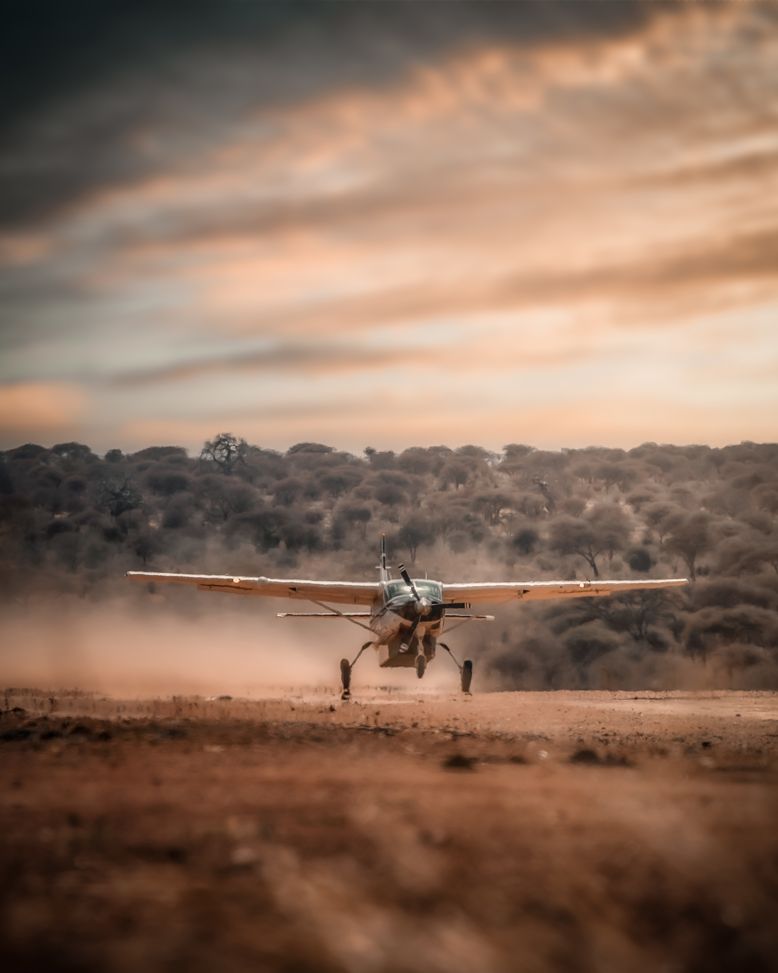 Small SkySafari plane coming into land in the African desert