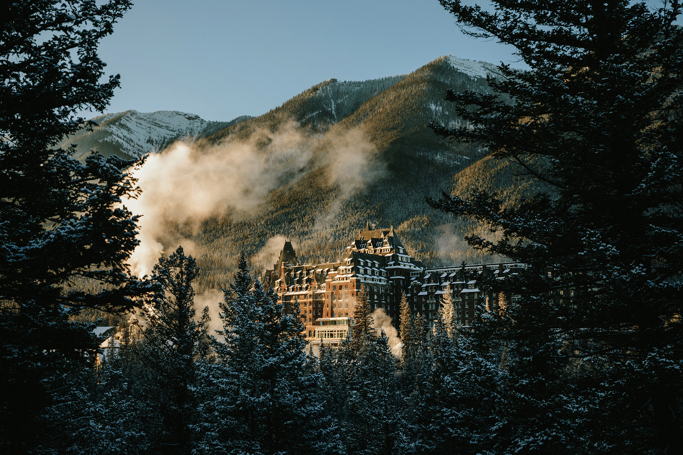 The ornate exterior of Fairmont Banff Springs through snowy pine branches and backed by mountains
