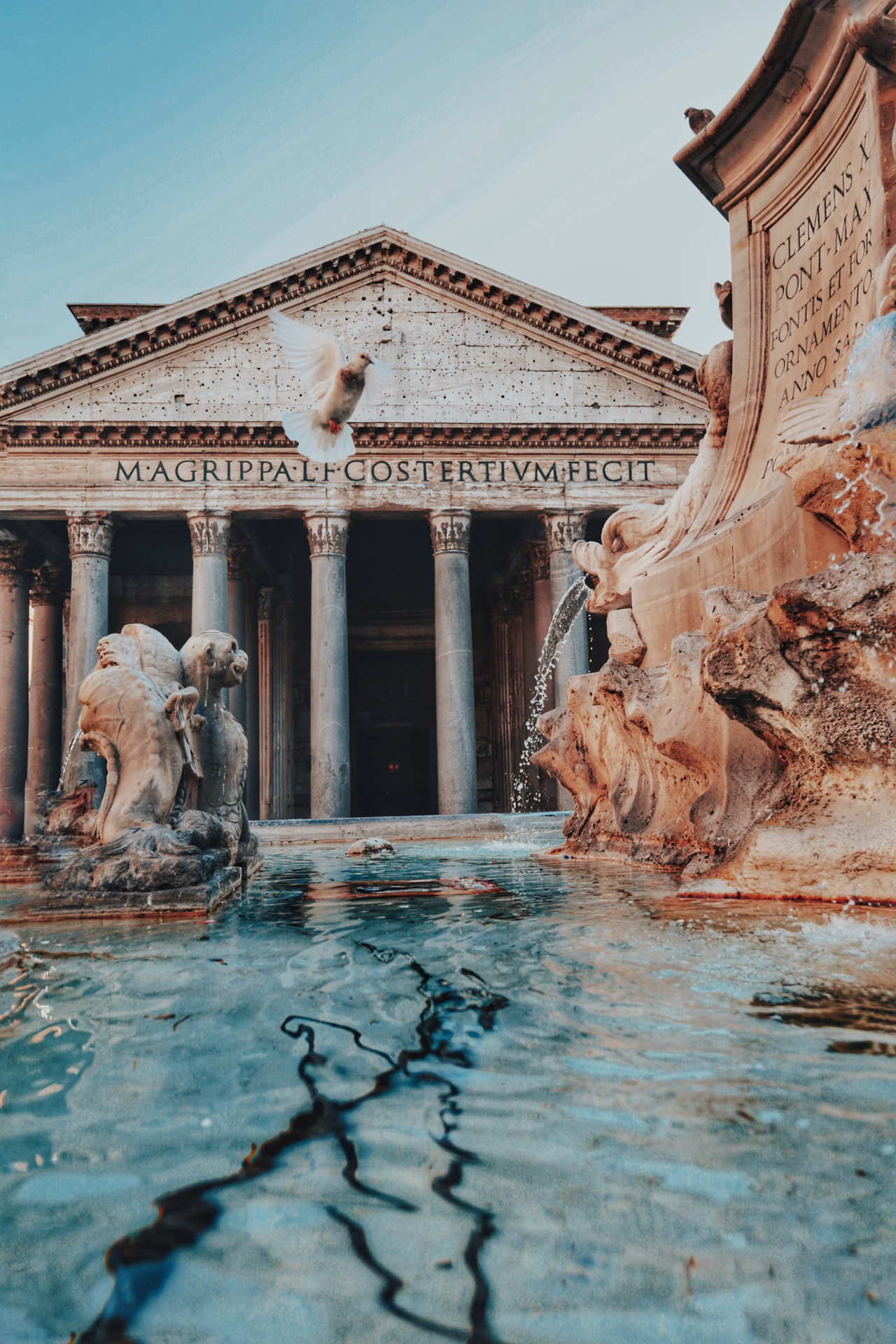 Looking through the fountain at the front of the Pantheon in Rome as a pigeon flies by