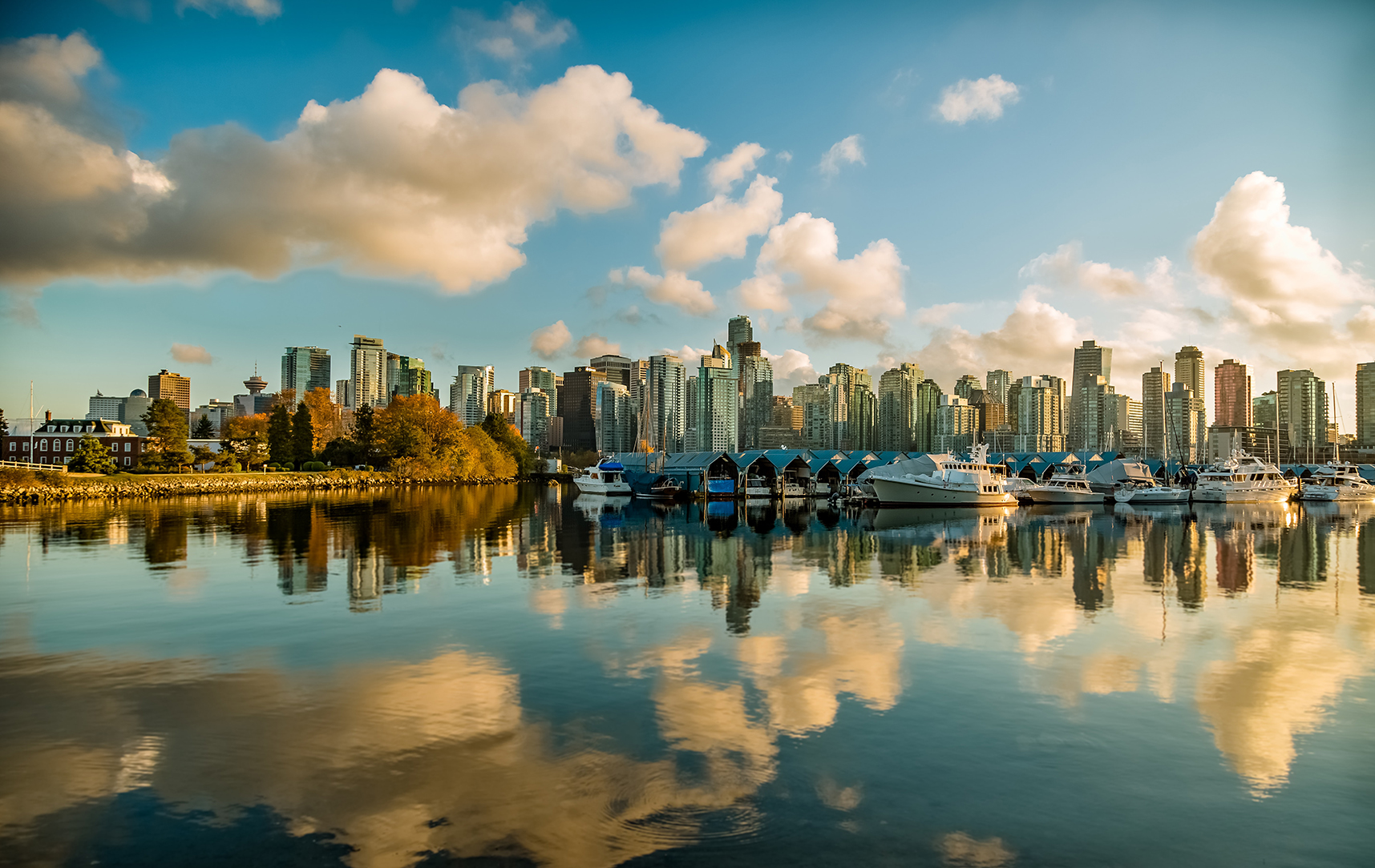 Skyline view of Vancouver over the harbour