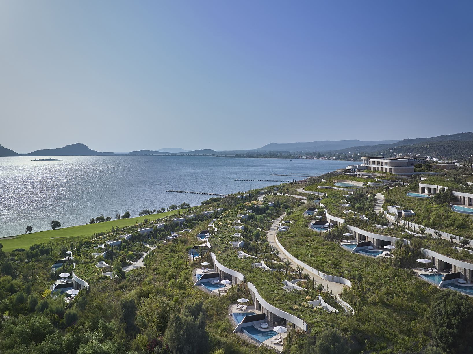 Europe, Greece, Mandarin Oriental Costa Navarino, Aerial view