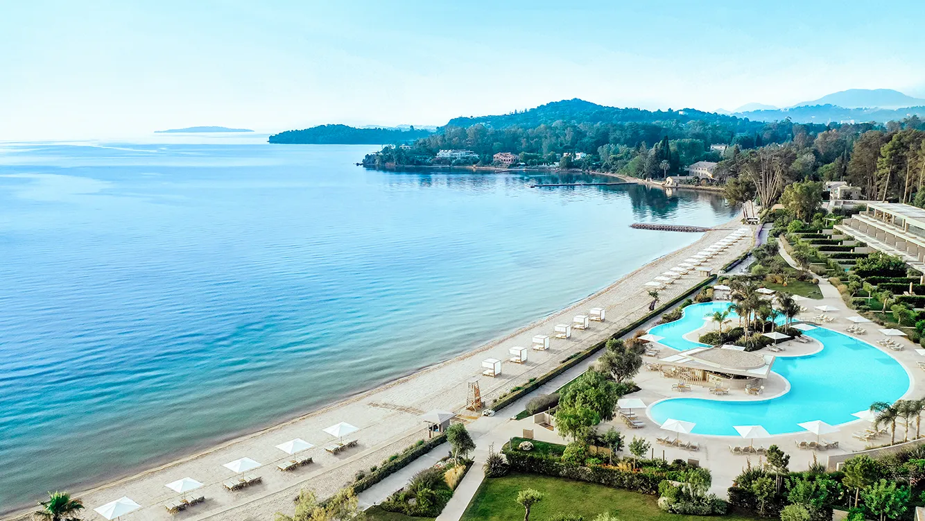 Europe, Greece, Corfu, Ikos Dassia, aerial view of the resort and beach