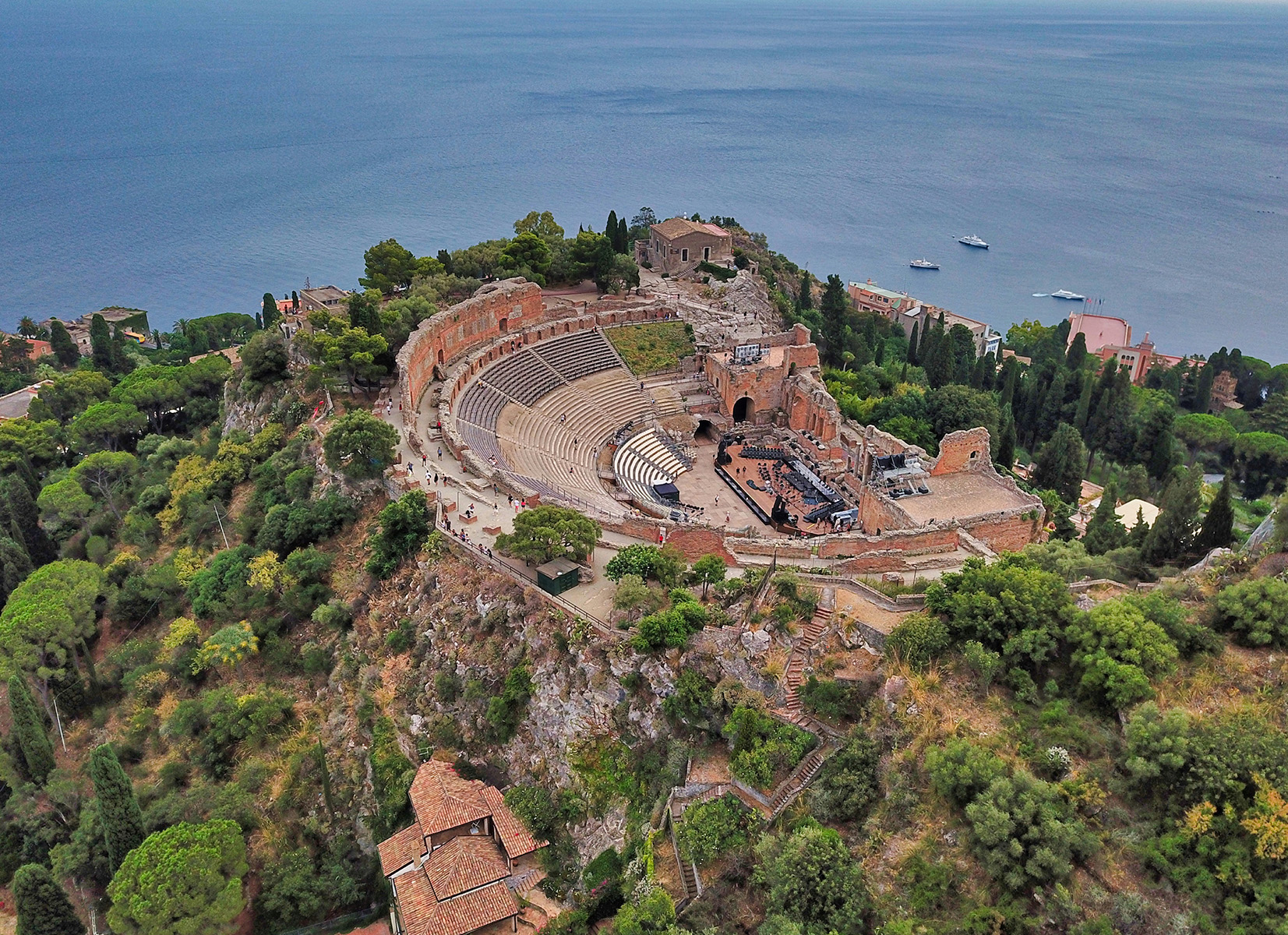 Europe, Italy, Sicily, Taormina, Greek-Roman Theatre ariel view