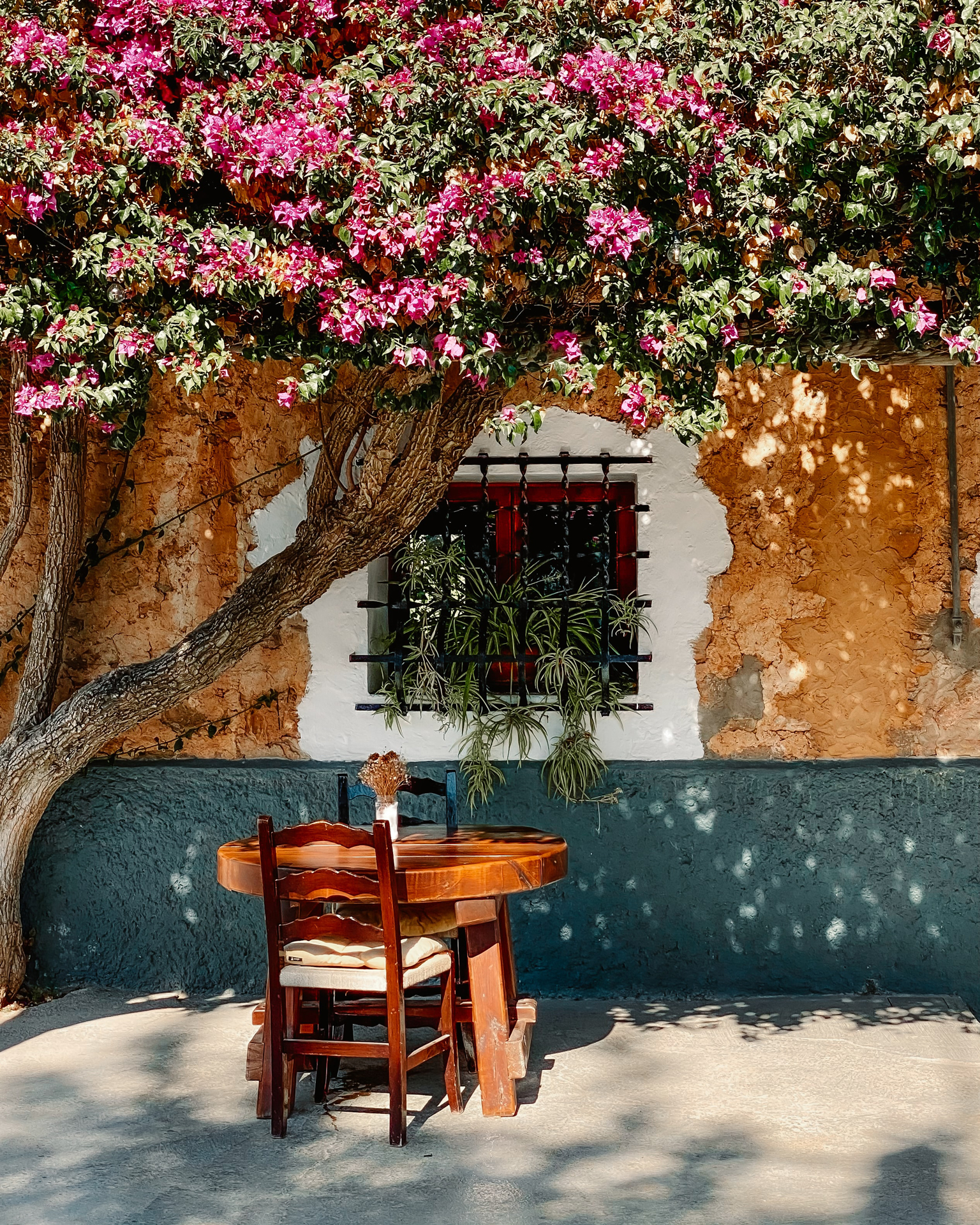 A dining table and two chairs under a tree in front of an orange building