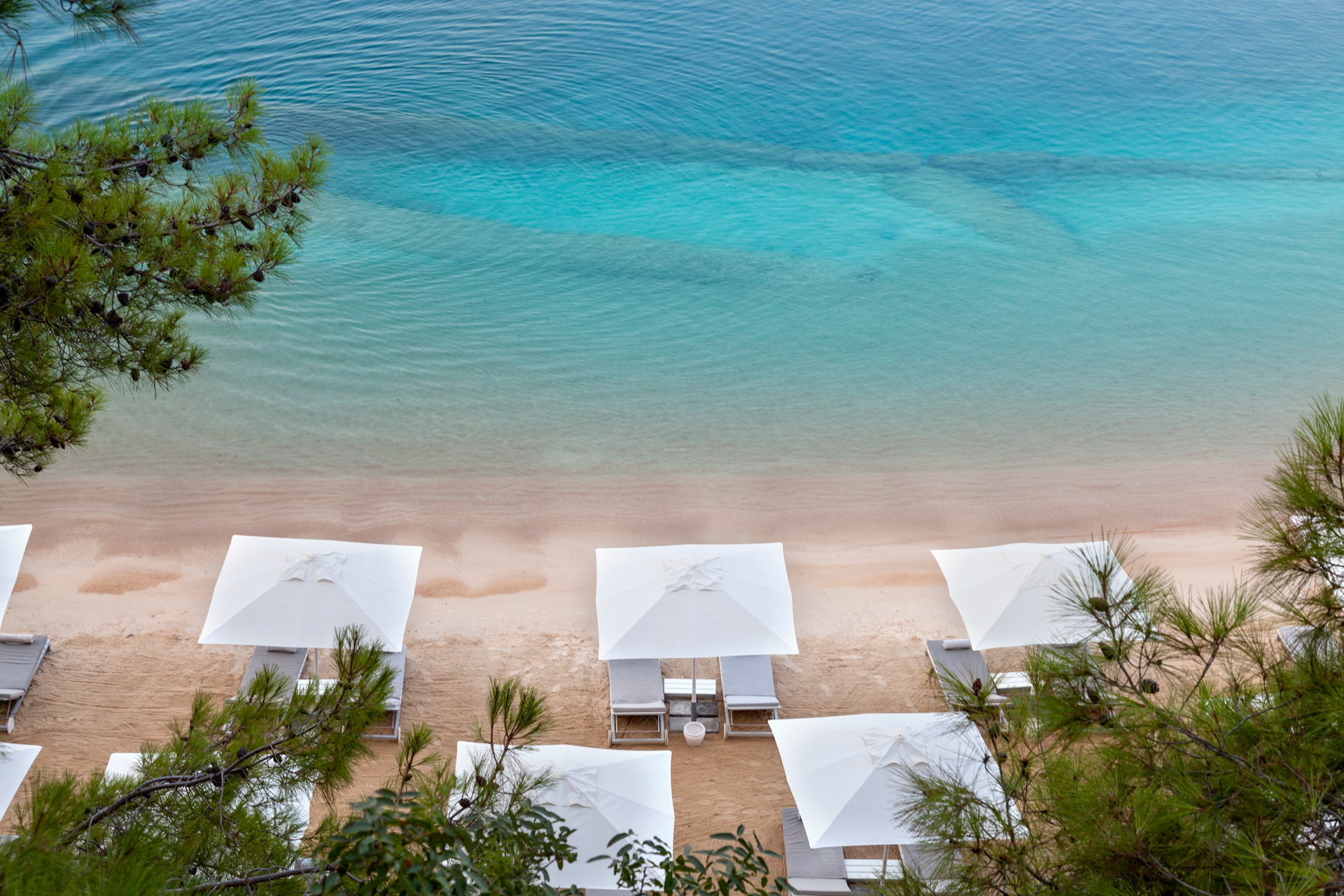 A beach with white umbrellas and sun loungers