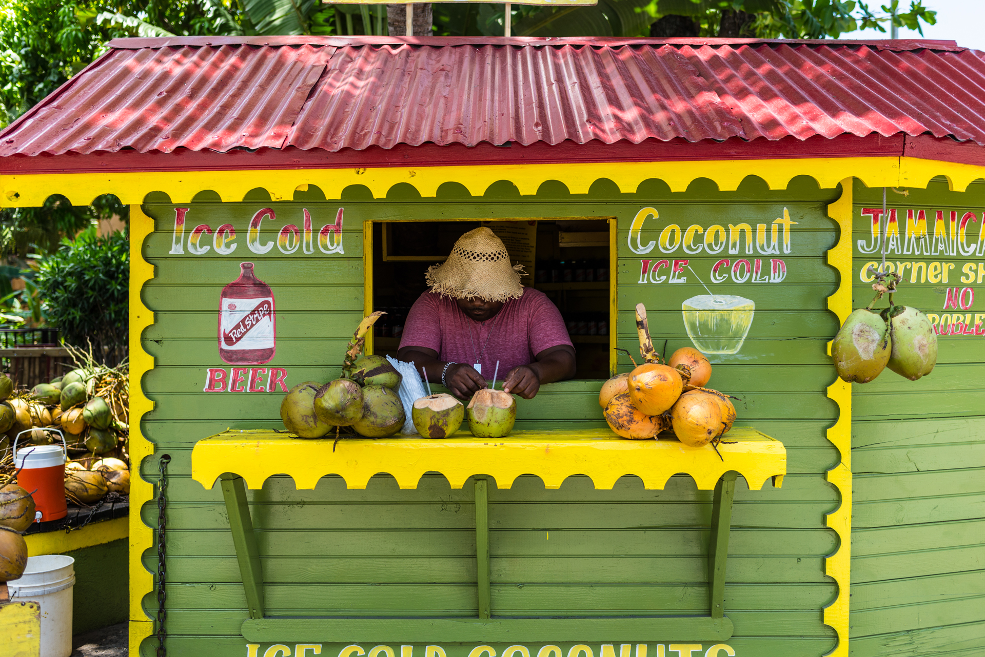 A green and yellow coconut drink shack with a man lining up coconuts on a shelf