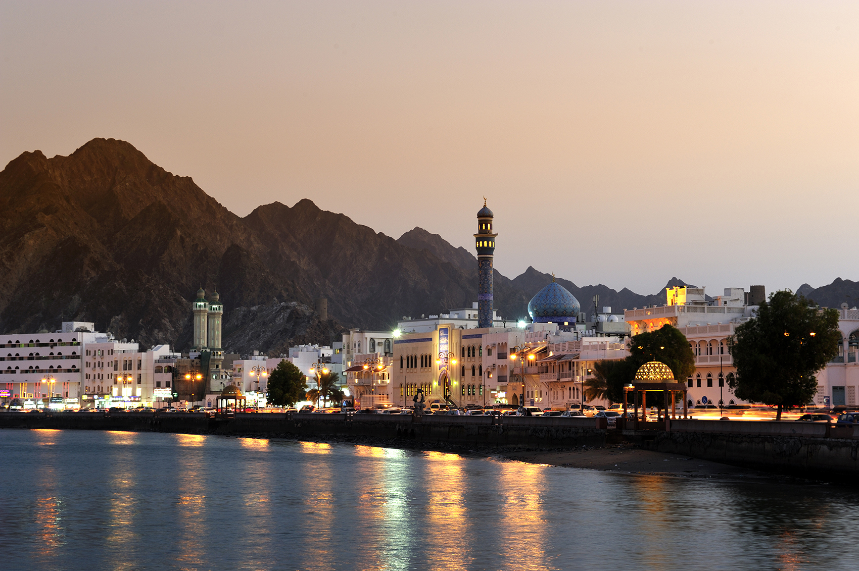 Inland view of Muscat's waterfront lit up at night