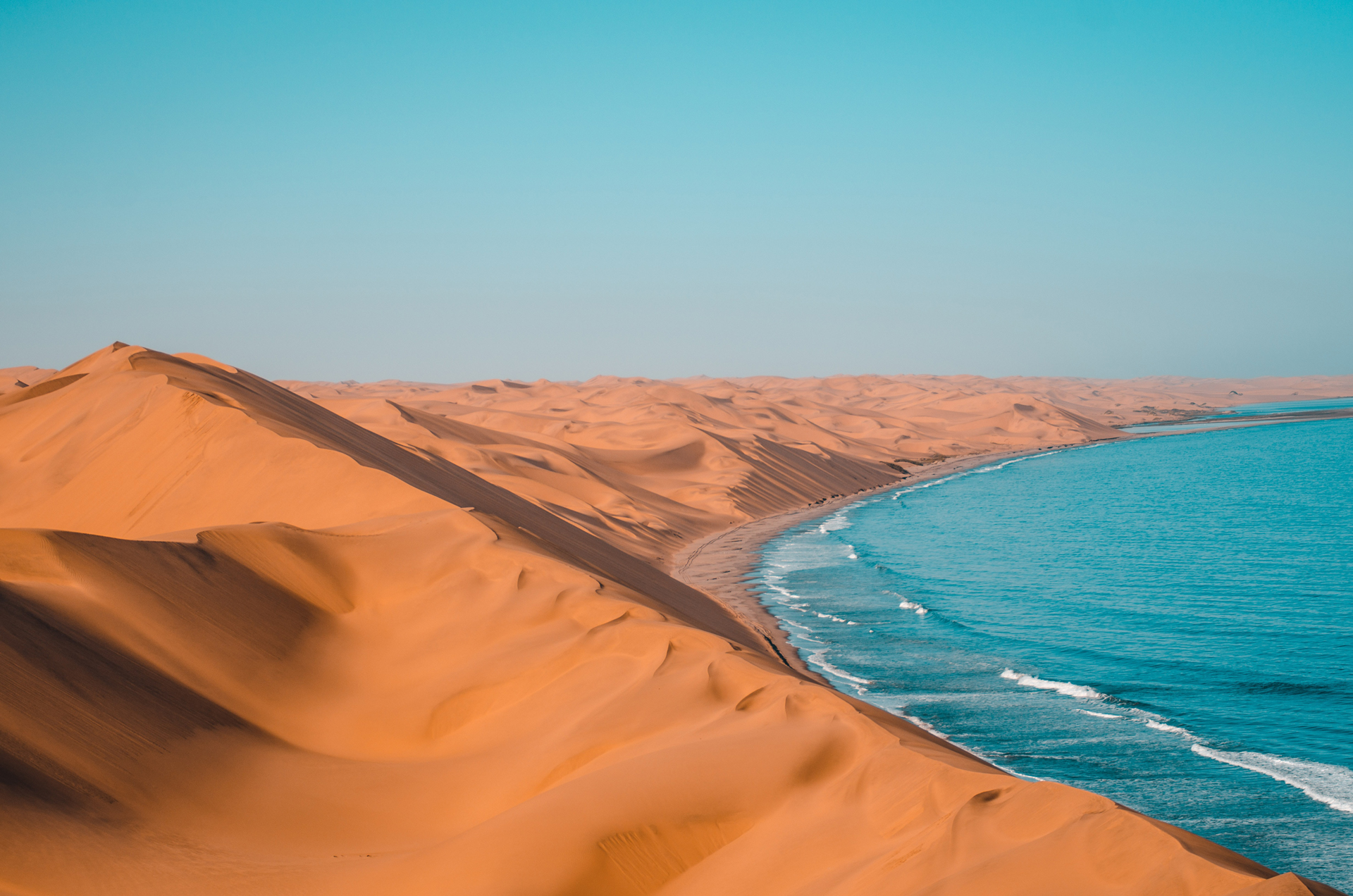 Sandy dunes in a desert next to the sea