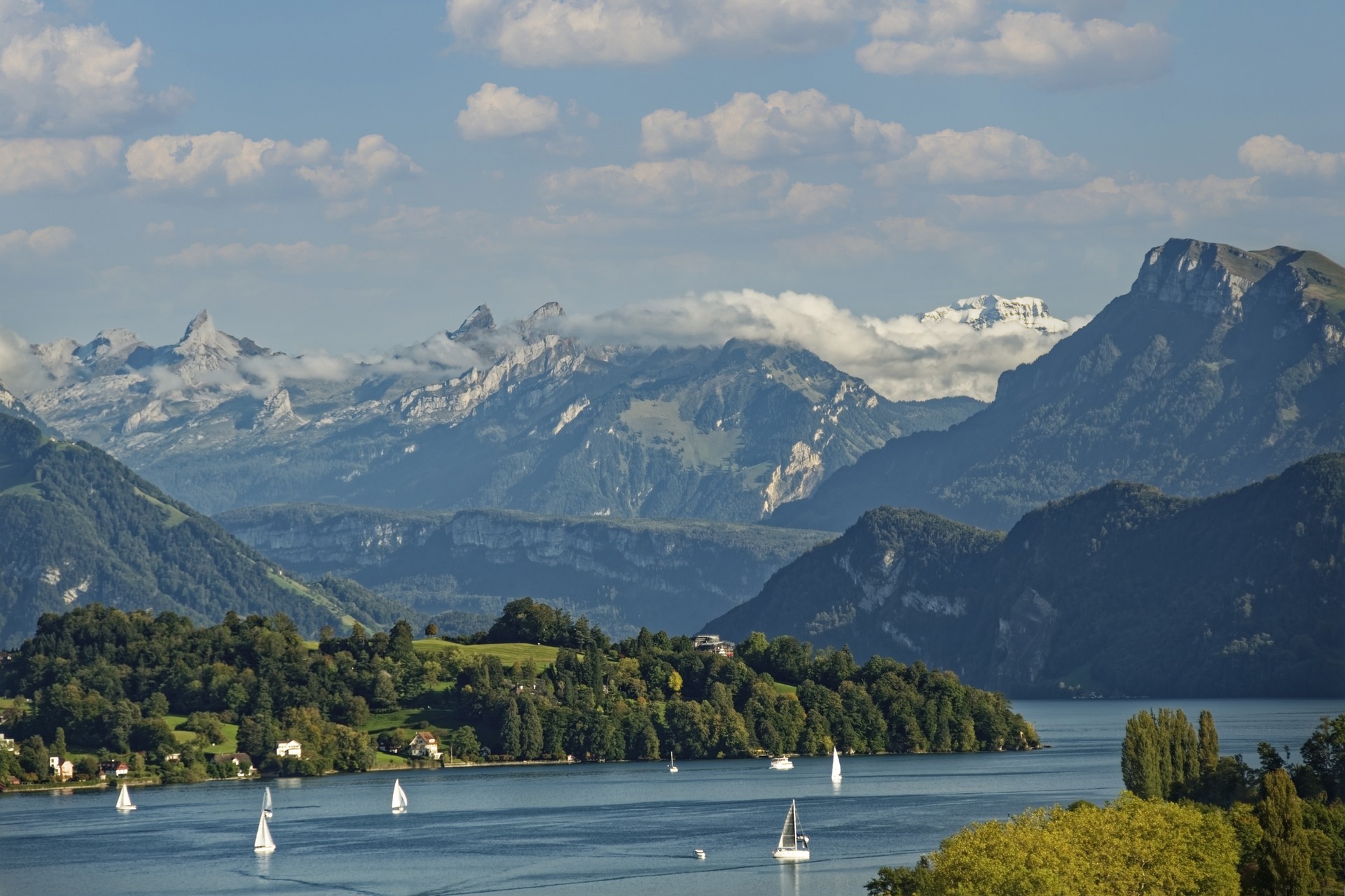 A scenic view of Lake Lucerne with multiple sailboats, surrounded by lush greenery and mountains in the background under a partly cloudy sky.