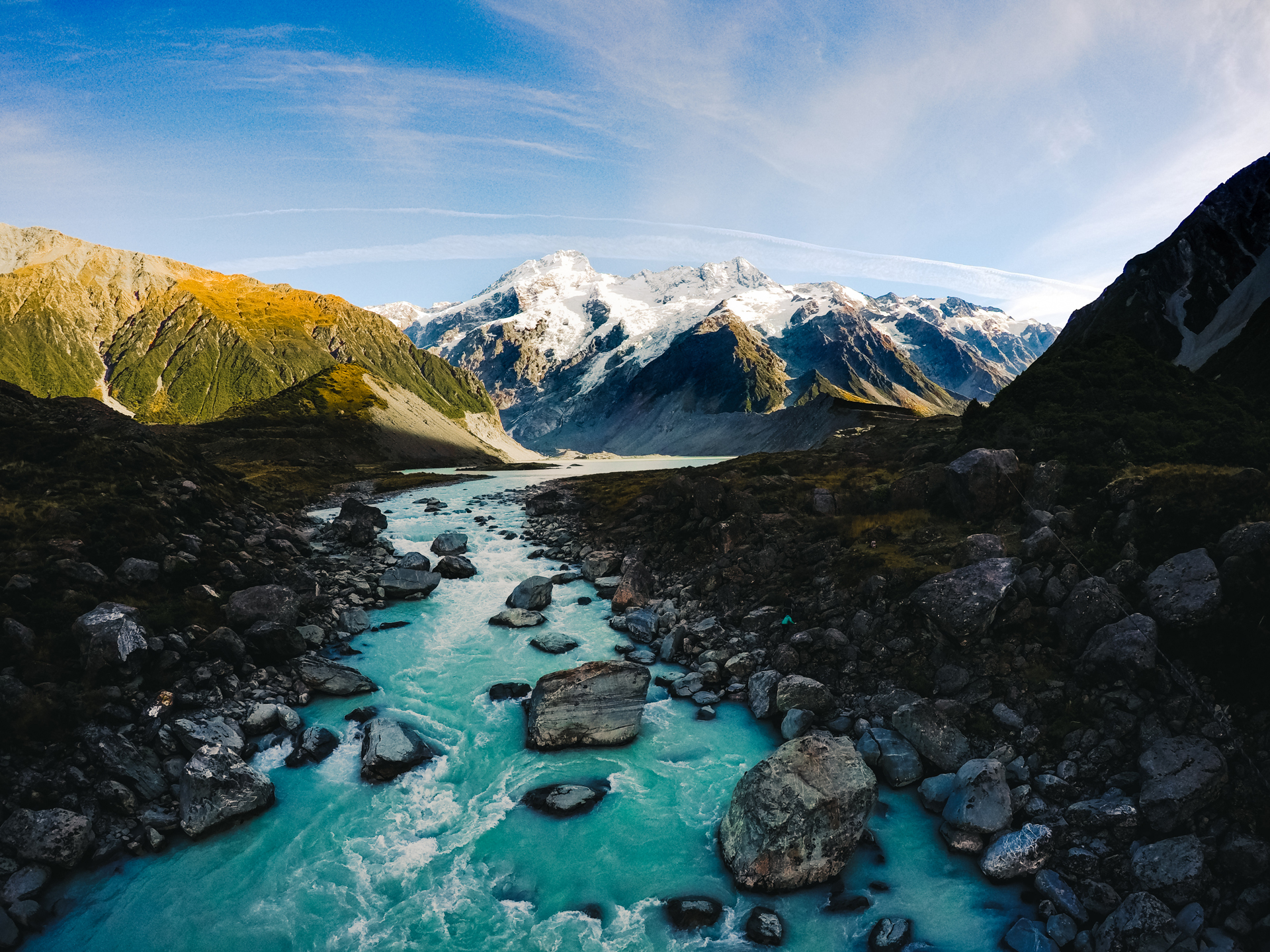 A view down a stream towards Aoraki / Mount Cook