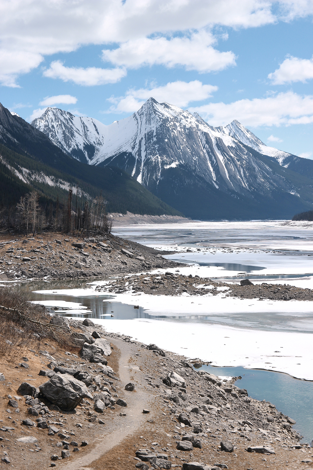 A view of snow covered mountain from Maligne Lake Road