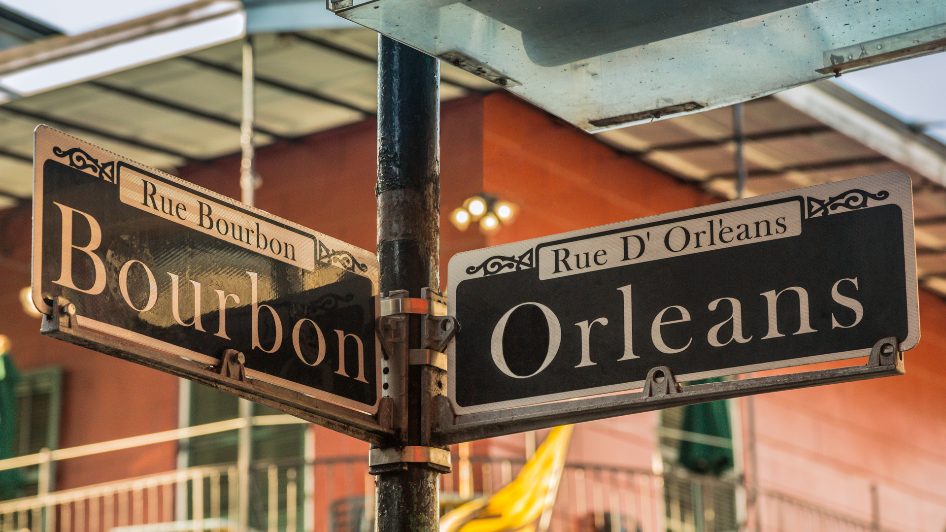 Black and white Bourbon and Orleans street signs in New Orleans, USA