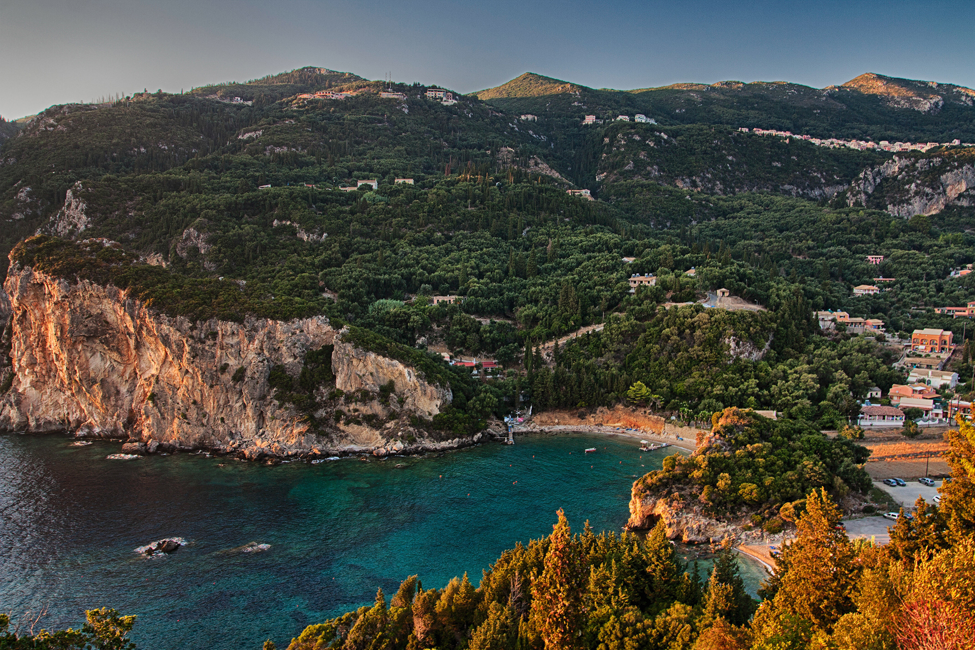 A rocky coastline covered in green trees